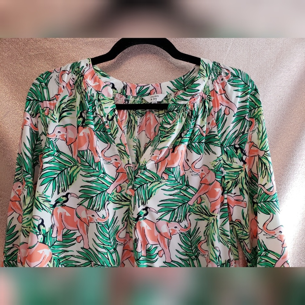 Crown & Ivy Elephant Palm Leaf Popover Blouse XS - Picture 2 of 8